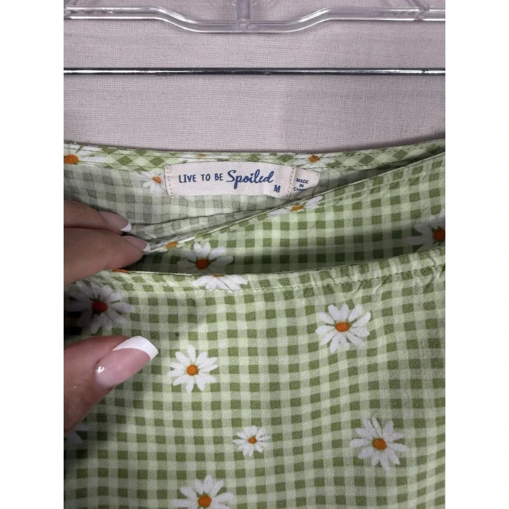 Live To Be Spoiled Green Gingham Daisy Floral‎ Wrap Minin Skirt Womens Med